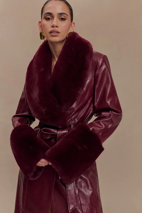 Bec Faux Leather Trench Coat With Faux Fur – Cherry Red Bec Faux Leather Trench Coat With Faux Fur – Cherry Red