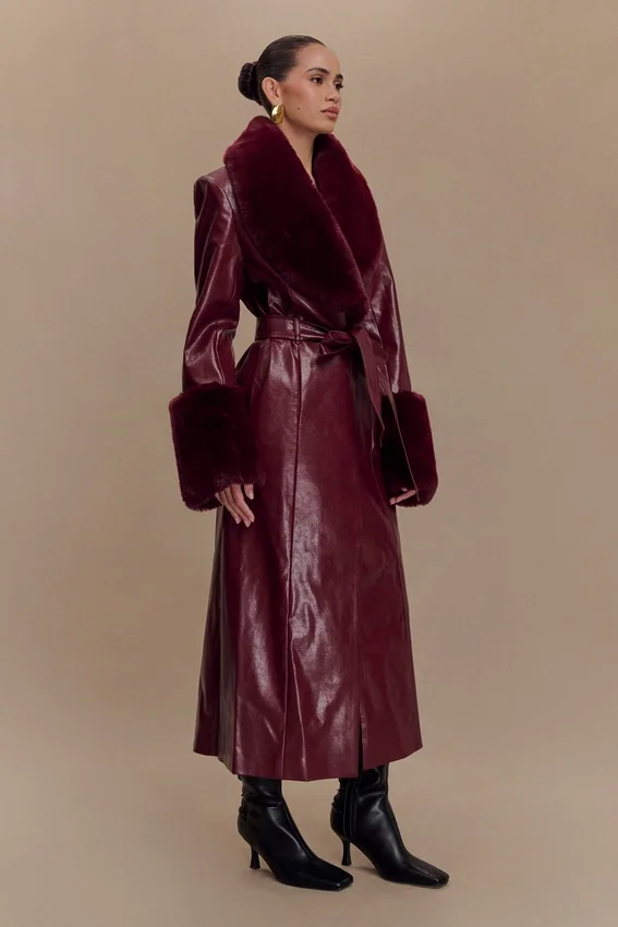 Bec Faux Leather Trench Coat With Faux Fur – Cherry Red Bec Faux Leather Trench Coat With Faux Fur – Cherry Red