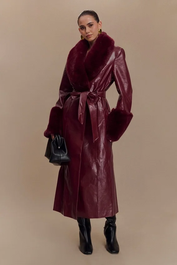 Bec Faux Leather Trench Coat With Faux Fur – Cherry Red Bec Faux Leather Trench Coat With Faux Fur – Cherry Red