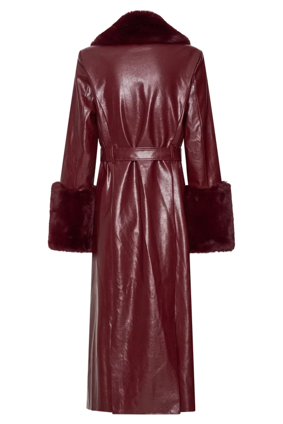 Bec Faux Leather Trench Coat With Faux Fur – Cherry Red Bec Faux Leather Trench Coat With Faux Fur – Cherry Red