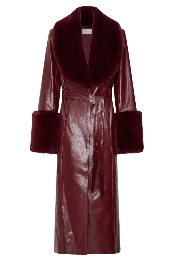 Bec Faux Leather Trench Coat With Faux Fur – Cherry Red Bec Faux Leather Trench Coat With Faux Fur – Cherry Red