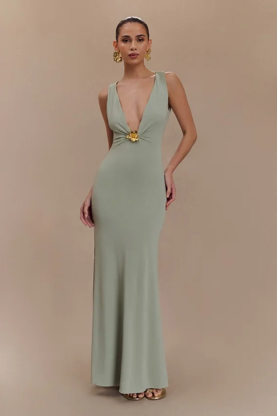 Beck Plunge Maxi Dress With Floral Hardware – Basil Beck Plunge Maxi Dress With Floral Hardware – Basil