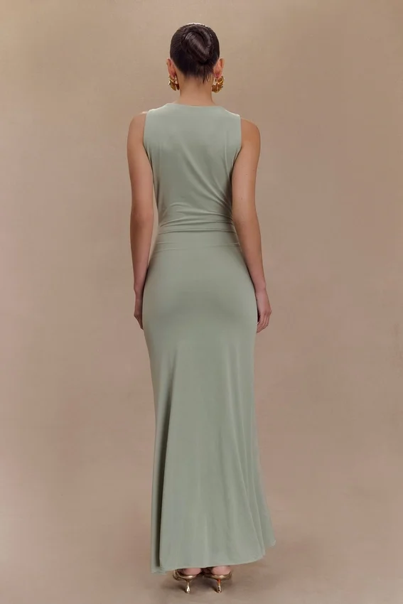 Beck Plunge Maxi Dress With Floral Hardware – Basil Beck Plunge Maxi Dress With Floral Hardware – Basil
