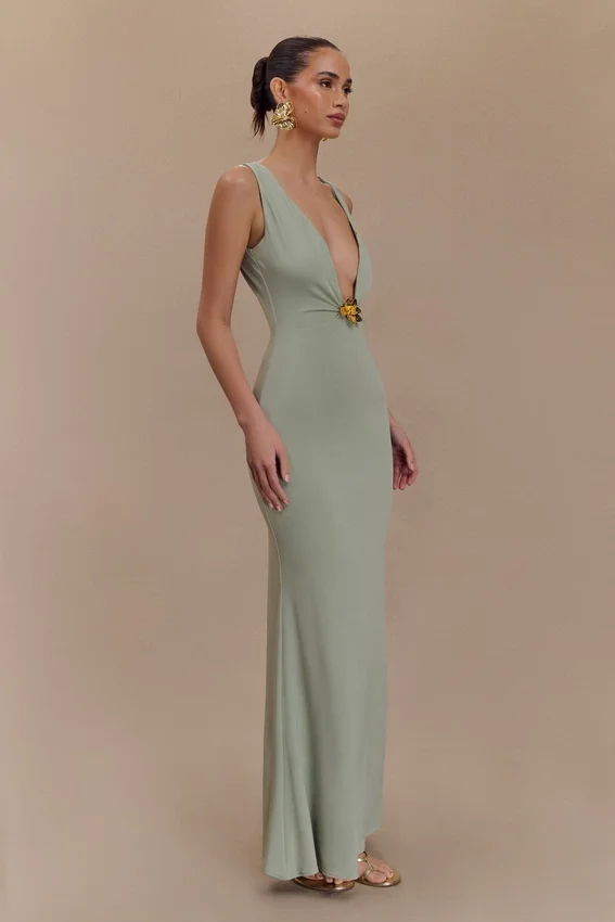 Beck Plunge Maxi Dress With Floral Hardware – Basil Beck Plunge Maxi Dress With Floral Hardware – Basil