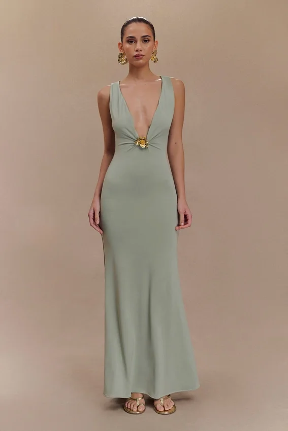 Beck Plunge Maxi Dress With Floral Hardware – Basil Beck Plunge Maxi Dress With Floral Hardware – Basil