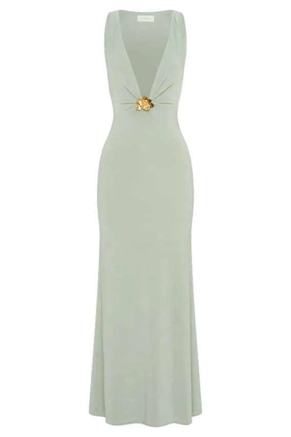 Beck Plunge Maxi Dress With Floral Hardware – Basil Beck Plunge Maxi Dress With Floral Hardware – Basil