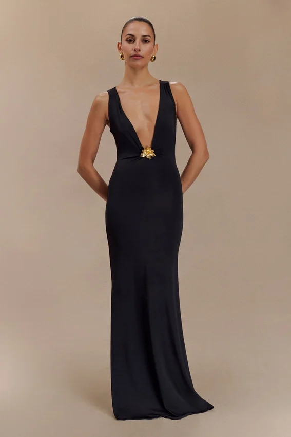 Beck Plunge Maxi Dress With Floral Hardware – Black Beck Plunge Maxi Dress With Floral Hardware – Black