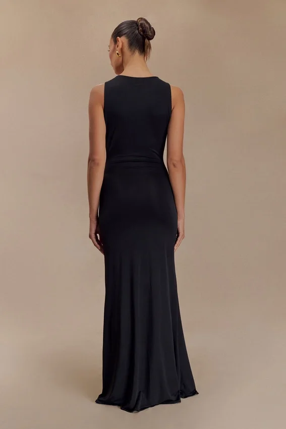 Beck Plunge Maxi Dress With Floral Hardware – Black Beck Plunge Maxi Dress With Floral Hardware – Black