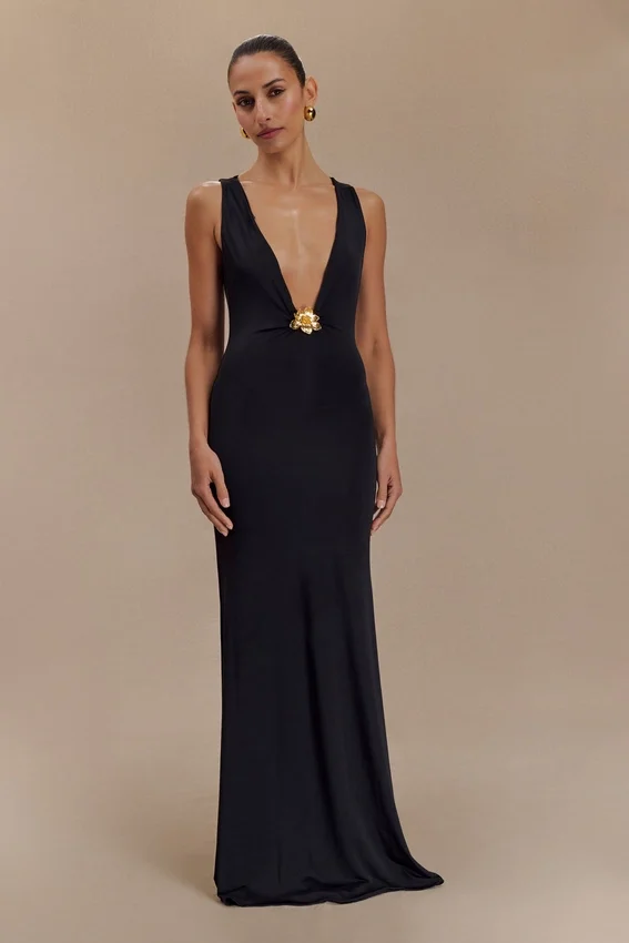 Beck Plunge Maxi Dress With Floral Hardware – Black Beck Plunge Maxi Dress With Floral Hardware – Black