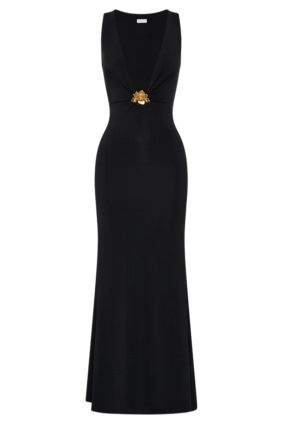 Beck Plunge Maxi Dress With Floral Hardware – Black Beck Plunge Maxi Dress With Floral Hardware – Black