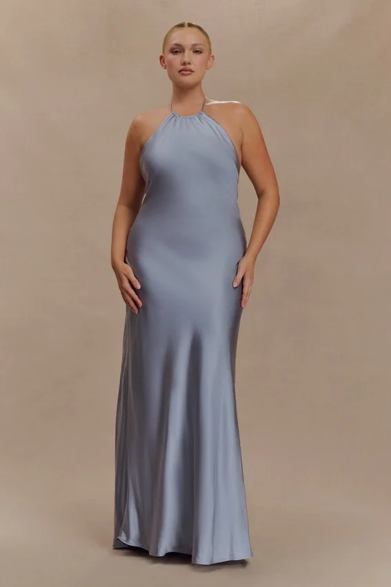 Bella Satin Halter Maxi Dress – Frosted Blue Bella Satin Halter Maxi Dress – Frosted Blue
