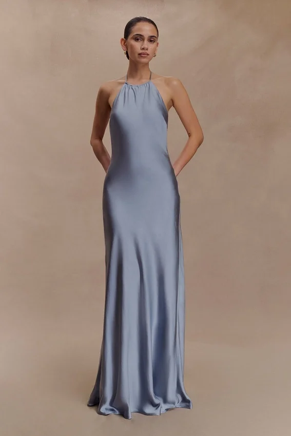 Bella Satin Halter Maxi Dress – Frosted Blue Bella Satin Halter Maxi Dress – Frosted Blue