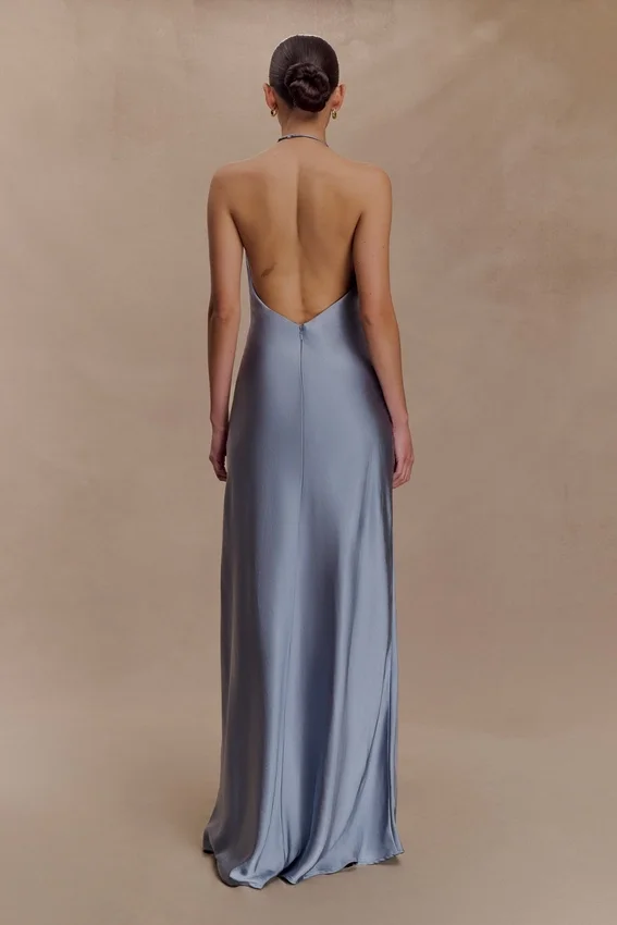 Bella Satin Halter Maxi Dress – Frosted Blue Bella Satin Halter Maxi Dress – Frosted Blue