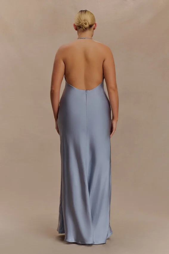 Bella Satin Halter Maxi Dress – Frosted Blue Bella Satin Halter Maxi Dress – Frosted Blue