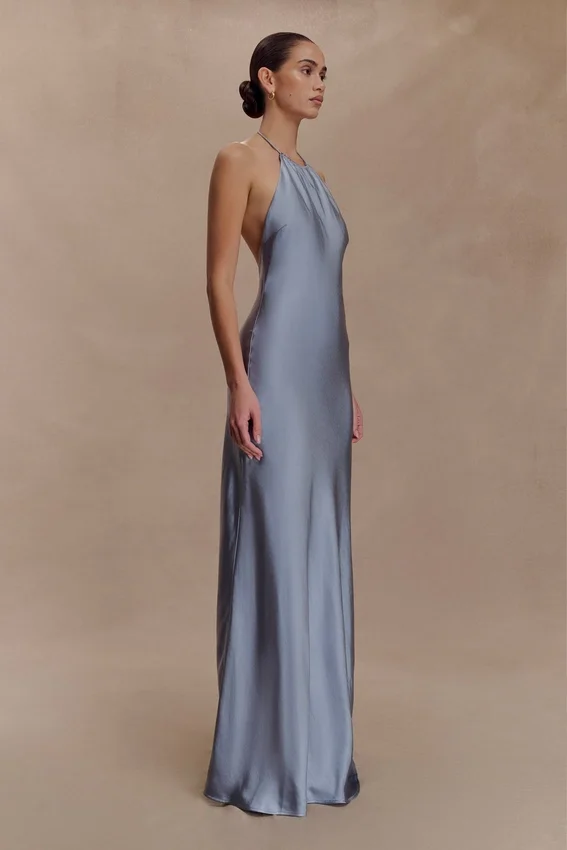 Bella Satin Halter Maxi Dress – Frosted Blue Bella Satin Halter Maxi Dress – Frosted Blue