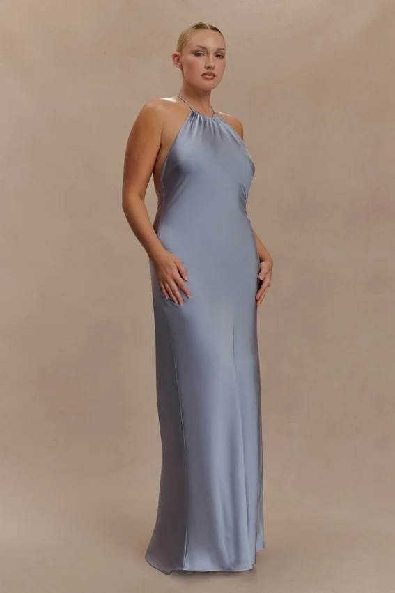 Bella Satin Halter Maxi Dress – Frosted Blue Bella Satin Halter Maxi Dress – Frosted Blue