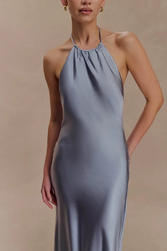 Bella Satin Halter Maxi Dress – Frosted Blue Bella Satin Halter Maxi Dress – Frosted Blue