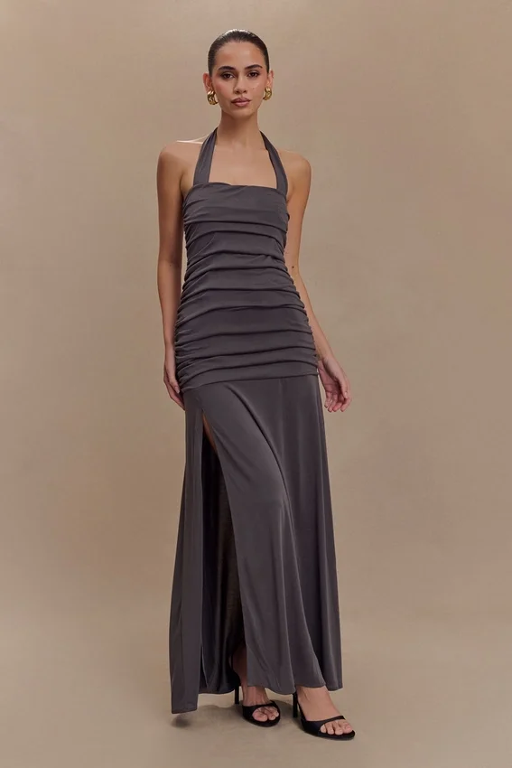 Bentley Peached Jersey Halter Maxi Dress – Charcoal Bentley Peached Jersey Halter Maxi Dress – Charcoal
