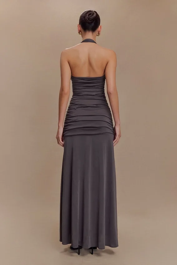 Bentley Peached Jersey Halter Maxi Dress – Charcoal Bentley Peached Jersey Halter Maxi Dress – Charcoal