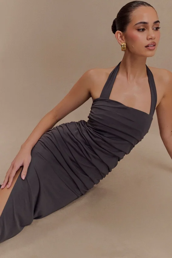 Bentley Peached Jersey Halter Maxi Dress – Charcoal Bentley Peached Jersey Halter Maxi Dress – Charcoal