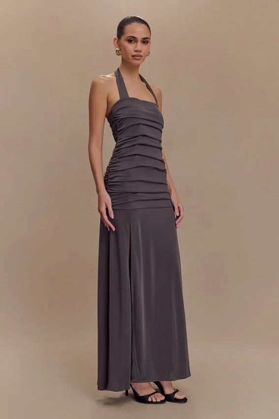 Bentley Peached Jersey Halter Maxi Dress – Charcoal Bentley Peached Jersey Halter Maxi Dress – Charcoal