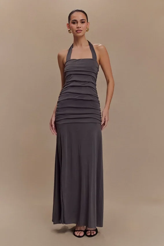 Bentley Peached Jersey Halter Maxi Dress – Charcoal Bentley Peached Jersey Halter Maxi Dress – Charcoal