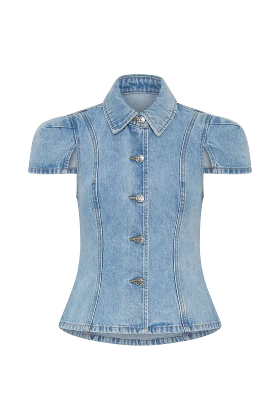 Bently Short Sleeve Denim Top – Washed Light Blue Bently Short Sleeve Denim Top – Washed Light Blue
