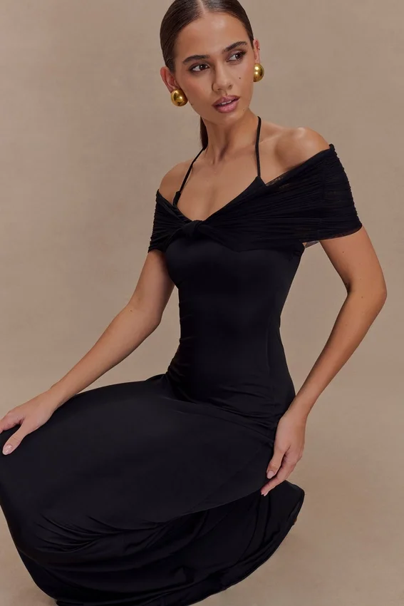 Bernadina Mesh And Slinky Halter Maxi Dress – Black Bernadina Mesh And Slinky Halter Maxi Dress – Black