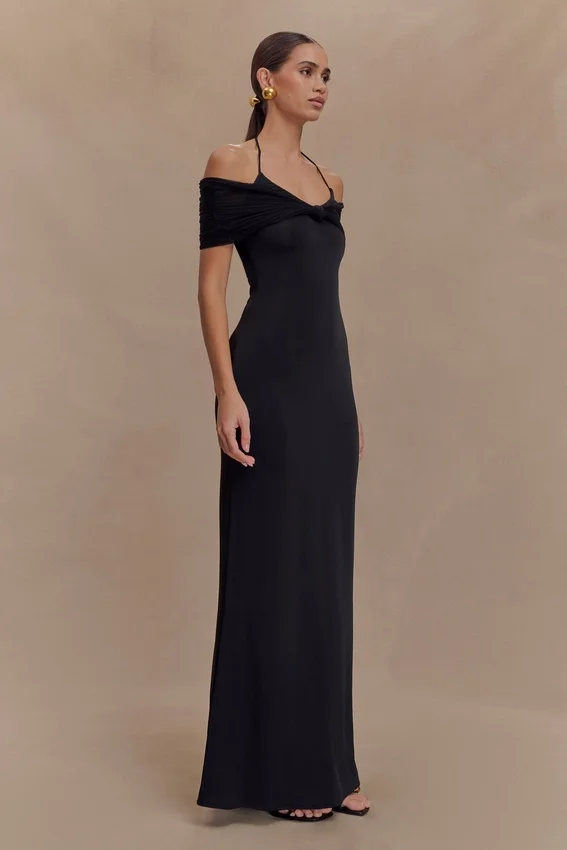 Bernadina Mesh And Slinky Halter Maxi Dress – Black Bernadina Mesh And Slinky Halter Maxi Dress – Black