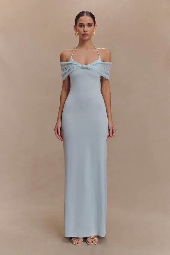 Bernadina Mesh And Slinky Halter Maxi Dress – Pale Blue Bernadina Mesh And Slinky Halter Maxi Dress – Pale Blue