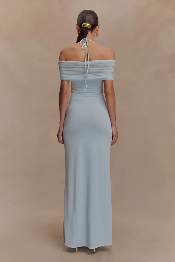 Bernadina Mesh And Slinky Halter Maxi Dress – Pale Blue Bernadina Mesh And Slinky Halter Maxi Dress – Pale Blue
