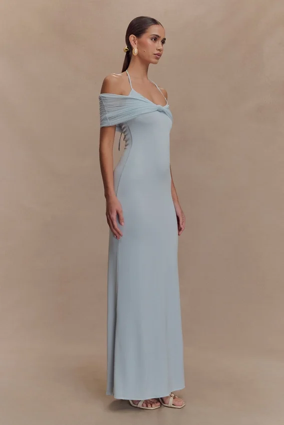 Bernadina Mesh And Slinky Halter Maxi Dress – Pale Blue Bernadina Mesh And Slinky Halter Maxi Dress – Pale Blue