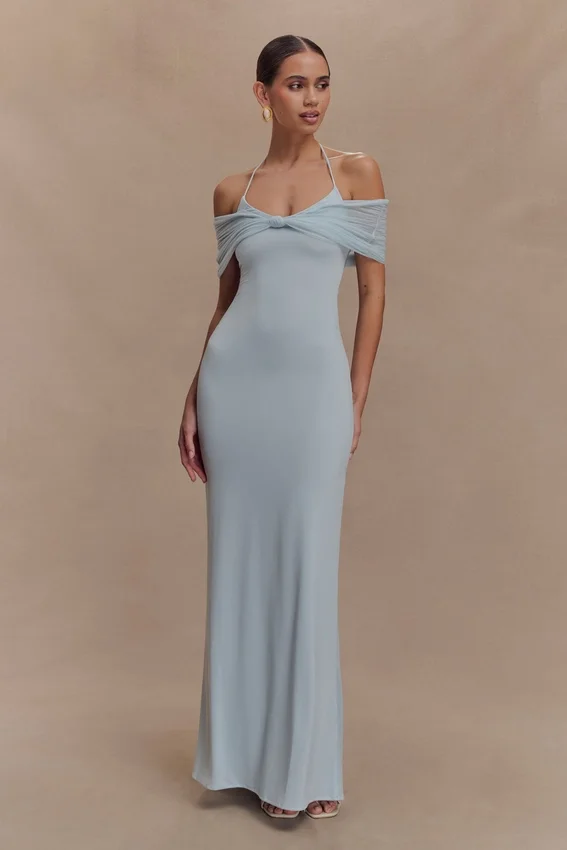 Bernadina Mesh And Slinky Halter Maxi Dress – Pale Blue Bernadina Mesh And Slinky Halter Maxi Dress – Pale Blue