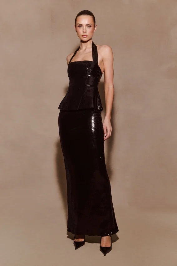 Bertie Sequin Peplum Halter Maxi Dress – Black Bertie Sequin Peplum Halter Maxi Dress – Black
