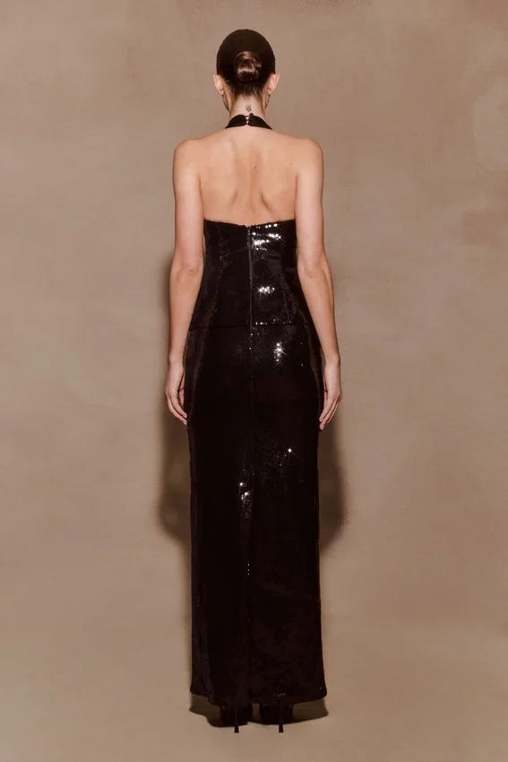 Bertie Sequin Peplum Halter Maxi Dress – Black Bertie Sequin Peplum Halter Maxi Dress – Black