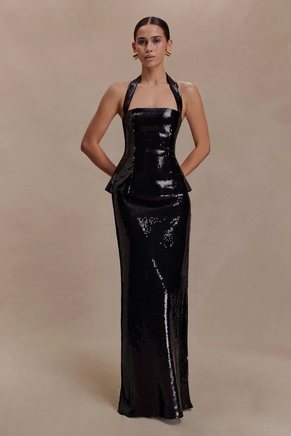 Bertie Sequin Peplum Halter Maxi Dress – Black Bertie Sequin Peplum Halter Maxi Dress – Black