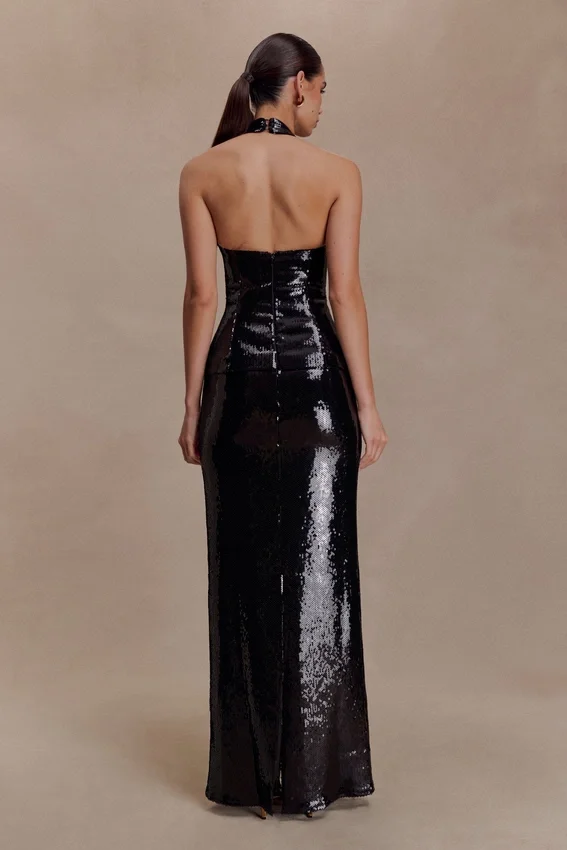 Bertie Sequin Peplum Halter Maxi Dress – Black Bertie Sequin Peplum Halter Maxi Dress – Black