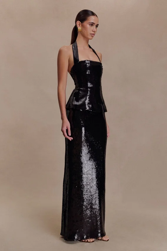 Bertie Sequin Peplum Halter Maxi Dress – Black Bertie Sequin Peplum Halter Maxi Dress – Black