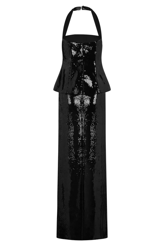 Bertie Sequin Peplum Halter Maxi Dress – Black Bertie Sequin Peplum Halter Maxi Dress – Black