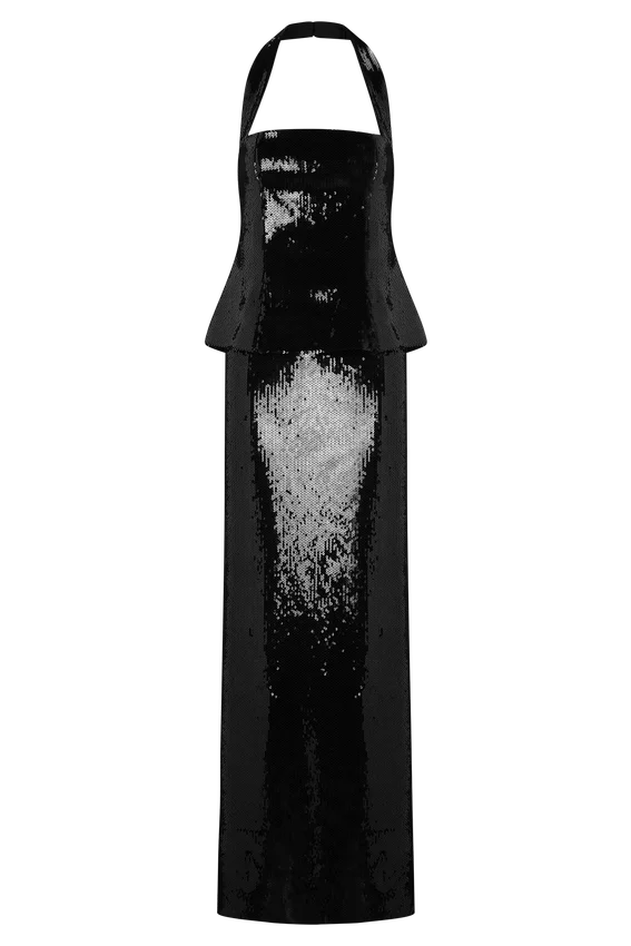 Bertie Sequin Peplum Halter Maxi Dress – Black Bertie Sequin Peplum Halter Maxi Dress – Black