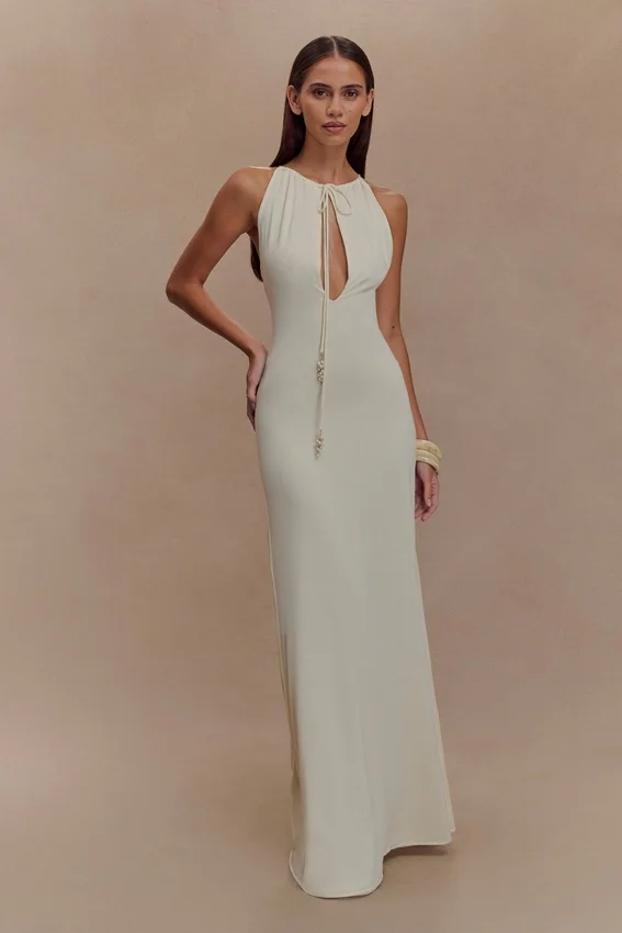 Beryl Slinky Maxi Dress With Pearls – Ivory Beryl Slinky Maxi Dress With Pearls – Ivory