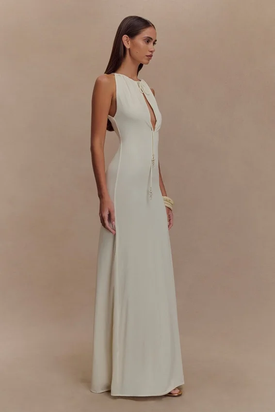 Beryl Slinky Maxi Dress With Pearls – Ivory Beryl Slinky Maxi Dress With Pearls – Ivory