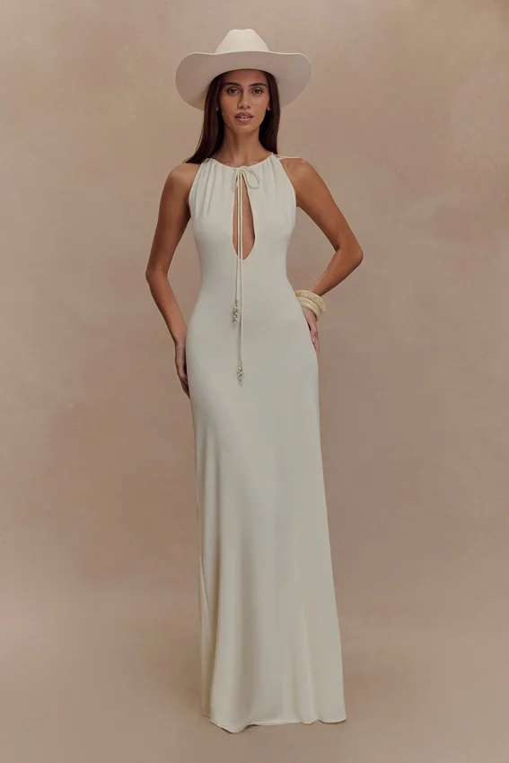 Beryl Slinky Maxi Dress With Pearls – Ivory Beryl Slinky Maxi Dress With Pearls – Ivory