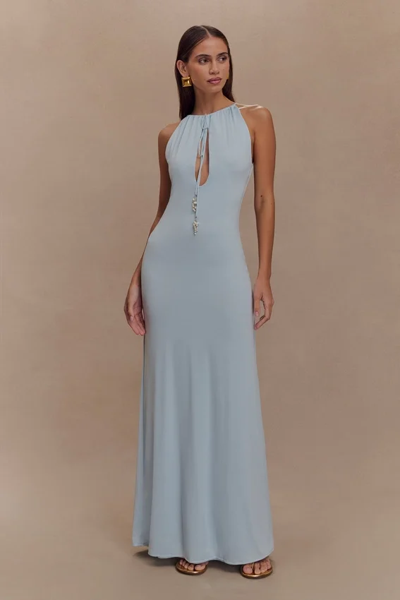 Beryl Slinky Maxi Dress With Pearls – Pale Blue Beryl Slinky Maxi Dress With Pearls – Pale Blue