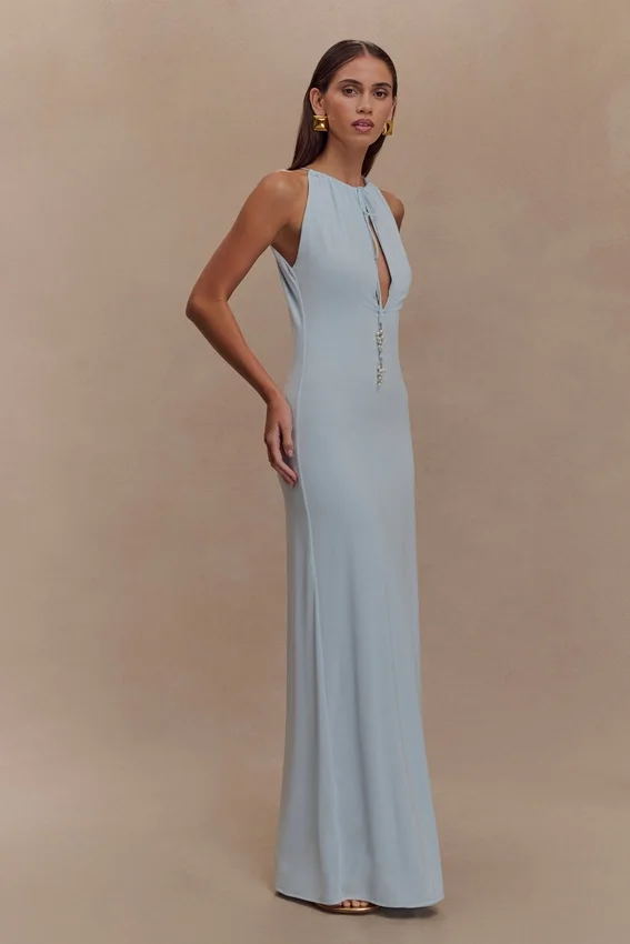 Beryl Slinky Maxi Dress With Pearls – Pale Blue Beryl Slinky Maxi Dress With Pearls – Pale Blue