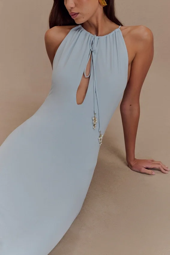 Beryl Slinky Maxi Dress With Pearls – Pale Blue Beryl Slinky Maxi Dress With Pearls – Pale Blue