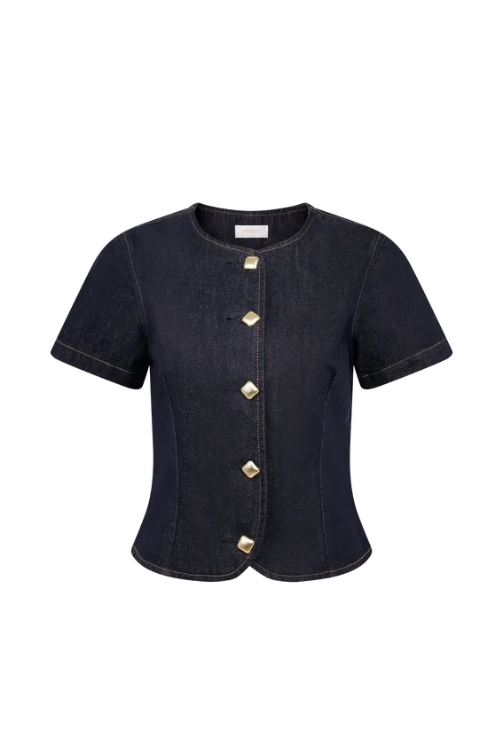 Bethany Short Sleeve Buttoned Denim Top – Washed Indigo Blue Bethany Short Sleeve Buttoned Denim Top – Washed Indigo Blue