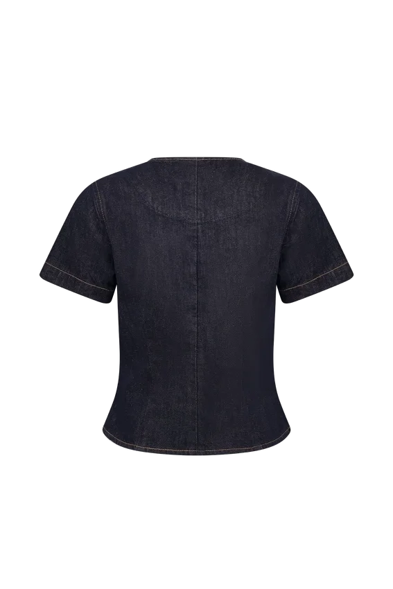 Bethany Short Sleeve Buttoned Denim Top – Washed Indigo Blue Bethany Short Sleeve Buttoned Denim Top – Washed Indigo Blue