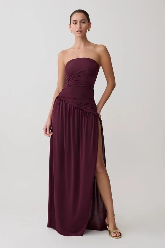 Bex Strapless Slinky Maxi Dress With Split – Burgundy Bex Strapless Slinky Maxi Dress With Split – Burgundy
