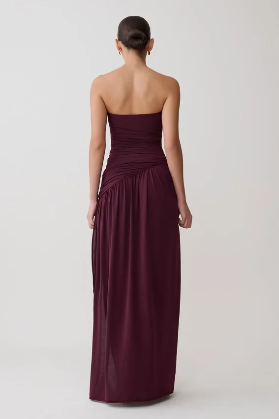 Bex Strapless Slinky Maxi Dress With Split – Burgundy Bex Strapless Slinky Maxi Dress With Split – Burgundy
